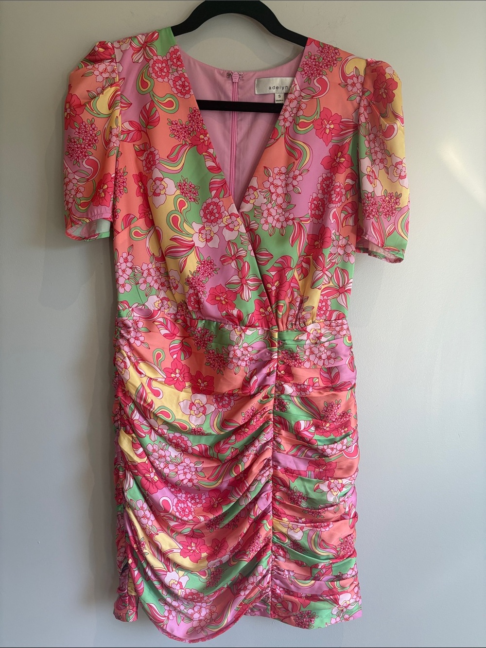 Adelyn Rae Pink Floral Ruched Mini Dress Puff Sleeve S